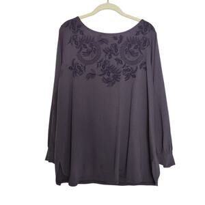 J. Jill PureJill Sz XL Petite Dark Purple Embroidered Top Tunic Rounded Hem
